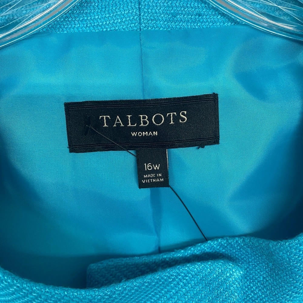 Talbots Blazer Womens Size 16 Teal Blue Linen Blend Collarless Jacket Button - Picture 3 of 8